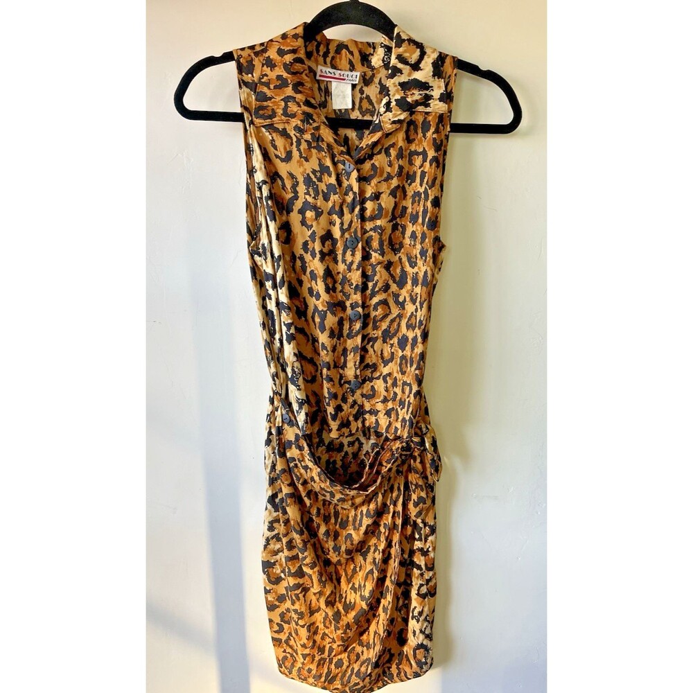 Sans Souci Paris Leopard Print Collared Sleeveless Sheath Dress Vintage Small